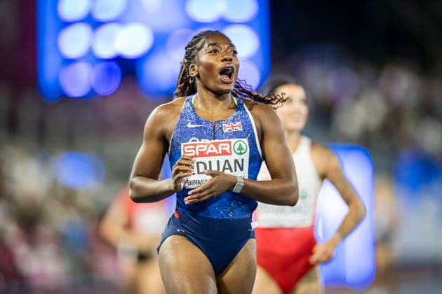 RECORD DATE NOT STATED 15th August 2026; Alexander Stadium, Birmingham, Midlands, England; 2026 European Athletics Championships, Day Six; Success Eduan (GBR) celebrates winning gold in the womens 4x100m relay GodfreyxPitt