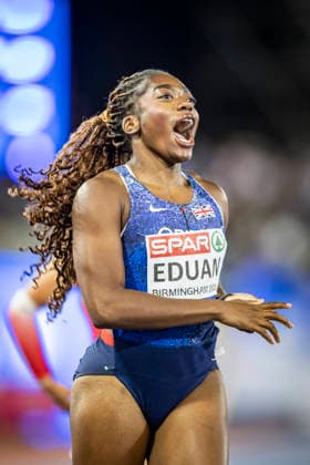 RECORD DATE NOT STATED 15th August 2026; Alexander Stadium, Birmingham, Midlands, England; 2026 European Athletics Championships, Day Six; Success Eduan (GBR) celebrates winning gold in the womens 4x100m relay GodfreyxPitt
