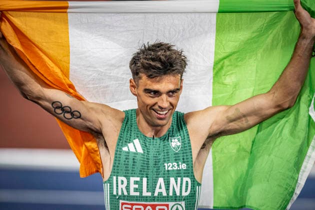 RECORD DATE NOT STATED 15th August 2026; Alexander Stadium, Birmingham, Midlands, England; 2026 European Athletics Championships, Day Six; Andrew Coscoran (IRL) celebrates winning bronze in the mens 1500m GodfreyxPitt