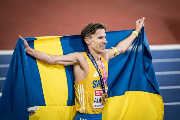 RECORD DATE NOT STATED 15th August 2026; Alexander Stadium, Birmingham, Midlands, England; 2026 European Athletics Championships, Day Six; Andreas Almgren (SWE) celebrates winning gold in the mens 10000m GodfreyxPitt