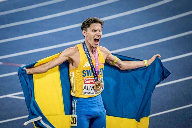 RECORD DATE NOT STATED 15th August 2026; Alexander Stadium, Birmingham, Midlands, England; 2026 European Athletics Championships, Day Six; Andreas Almgren (SWE) celebrates winning gold in the mens 10000m GodfreyxPitt