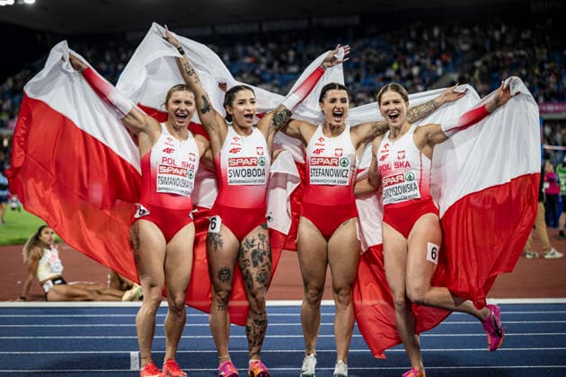 RECORD DATE NOT STATED 15th August 2026; Alexander Stadium, Birmingham, Midlands, England; 2026 European Athletics Championships, Day Six; The Polish womens 4x100m relay team celebrate winning bronze GodfreyxPitt