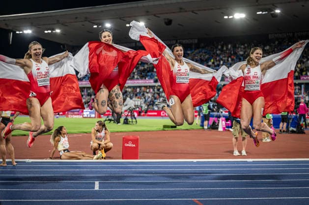 RECORD DATE NOT STATED 15th August 2026; Alexander Stadium, Birmingham, Midlands, England; 2026 European Athletics Championships, Day Six; The Polish womens 4x100m relay team celebrate winning bronze GodfreyxPitt