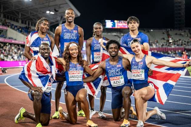 RECORD DATE NOT STATED 15th August 2026; Alexander Stadium, Birmingham, Midlands, England; 2026 European Athletics Championships, Day Six; The Great Britain womens team of Success Eduan, Imani Lansiquot, Amy Hunt and Dina Asher-Smith and the mens team of Jeremiah Azu, Zharnel Hughes, Romell Glave and Louie Hinchliffe celebrate winning gold in both the womens and mens 4x100m relay finals GodfreyxPitt