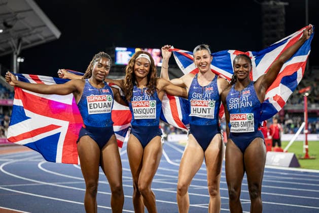 RECORD DATE NOT STATED 15th August 2026; Alexander Stadium, Birmingham, Midlands, England; 2026 European Athletics Championships, Day Six; The Great Britain team of Success Eduan, Imani Lansiquot, Amy Hunt and Dina Asher-Smith celebrate winning gold in the womens 4x100m relay GodfreyxPitt
