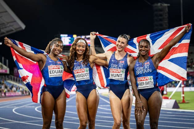 RECORD DATE NOT STATED 15th August 2026; Alexander Stadium, Birmingham, Midlands, England; 2026 European Athletics Championships, Day Six; The Great Britain team of Success Eduan, Imani Lansiquot, Amy Hunt and Dina Asher-Smith celebrate winning gold in the womens 4x100m relay GodfreyxPitt