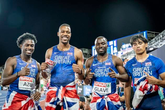 RECORD DATE NOT STATED 15th August 2026; Alexander Stadium, Birmingham, Midlands, England; 2026 European Athletics Championships, Day Six; The Great Britain team of Jeremiah Azu, Zharnel Hughes, Romell Glave and Louie Hinchliffe celebrate winning gold in the mens 4x100m relay GodfreyxPitt