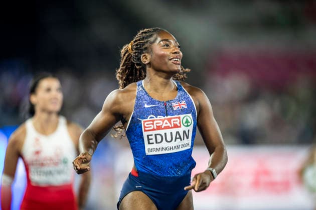 RECORD DATE NOT STATED 15th August 2026; Alexander Stadium, Birmingham, Midlands, England; 2026 European Athletics Championships, Day Six; Success Eduan (GBR) celebrates winning gold in the womens 4x100m relay GodfreyxPitt