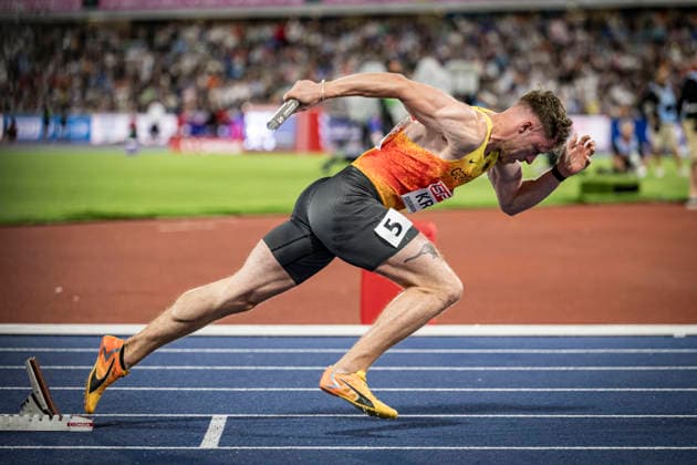 RECORD DATE NOT STATED 15th August 2026; Alexander Stadium, Birmingham, Midlands, England; 2026 European Athletics Championships, Day Six; Kevin Kranz (GER) competes in the mens 4x100m relay GodfreyxPitt