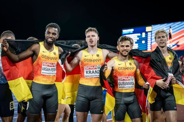 RECORD DATE NOT STATED 15th August 2026; Alexander Stadium, Birmingham, Midlands, England; 2026 European Athletics Championships, Day Six; The German mens 4x100m relay team celebrate winning silver GodfreyxPitt