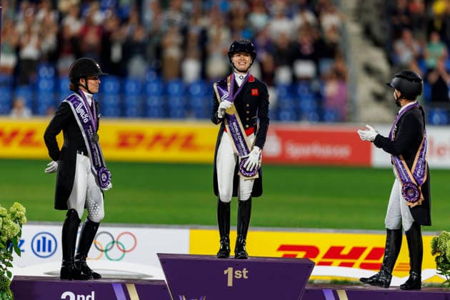 AACHEN - FEI World Championships 2026, AACHEN - FEI World Championships 2026 FRY Charlotte (GBR), LAUDRUP-DUFOUR Cathrine (DEN), WERTH Isabell (GER) Medal ceremony Medaillenvergabe FEI Dressage World Championship, WM, Weltmeisterschaft Freestyle Kür Individual Lindt Prize Aachen, Reitstadion Soers 15. August 2026 - *** AACHEN FEI World Championships 2026, AACHEN FEI World Championships 2026 FRY Charlotte GBR, Cathrine Laudrup Dufour (DEN), Isabell Werth (GER) Medal ceremony FEI Dressage World Championship Freestyle Individual Lindt Prize Aachen, Soers Equestrian Stadium, August 15, 2026