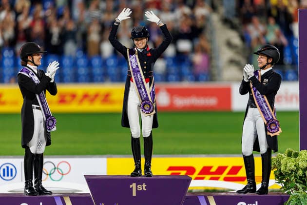 AACHEN - FEI World Championships 2026, AACHEN - FEI World Championships 2026 FRY Charlotte (GBR)FRY Charlotte (GBR), LAUDRUP-DUFOUR Cathrine (DEN), WERTH Isabell (GER) Medal ceremony Medaillenvergabe FEI Dressage World Championship, WM, Weltmeisterschaft Freestyle Kür Individual Lindt Prize Aachen, Reitstadion Soers 15. August 2026 - *** AACHEN FEI World Championships 2026, AACHEN FEI World Championships 2026 FRY Charlotte GBR FRY Charlotte GBR, Cathrine Laudrup Dufour (DEN), Isabell Werth (GER) Medal ceremony FEI Dressage World Championship Freestyle Individual Lindt Prize Aachen, Soers Equestrian Stadium, August 15, 2026