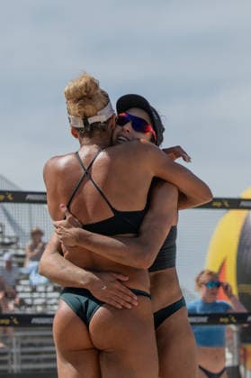 August 15, 2026, Manhattan Beach, California, USA: MELISSA HUMANA-PAREDES (right) embraces her partner, BRANDIE WILKERSON, after winning their second match on day two af the Manhattan Beach Open. Manhattan Beach USA - ZUMAl183 20260815_znp_l183_027 Copyright: xJasenxLaksx