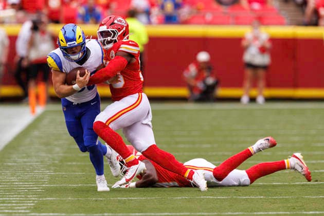 KANSAS CITY, MO - AUGUST 15: Los Angeles Rams tight end Mark Redman (83) runs the ball during the second half against the Kansas City Chiefs on August 15th at Arrowhead Stadium in Kansas City, Missouri. (Photo by William Purnell Icon Sportswire) NFL, American Football Herren, USA AUG 15 Rams at Chiefs EDITORIAL USE ONLY Icon2026081502373