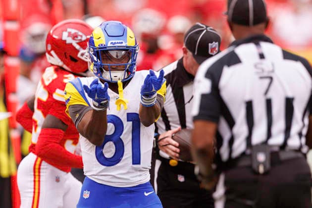 KANSAS CITY, MO - AUGUST 15: Los Angeles Rams wide receiver Brennan Presley (81) reacts after a play during the second half against the Kansas City Chiefs on August 15th at Arrowhead Stadium in Kansas City, Missouri. (Photo by William Purnell Icon Sportswire) NFL, American Football Herren, USA AUG 15 Rams at Chiefs EDITORIAL USE ONLY Icon2026081502423