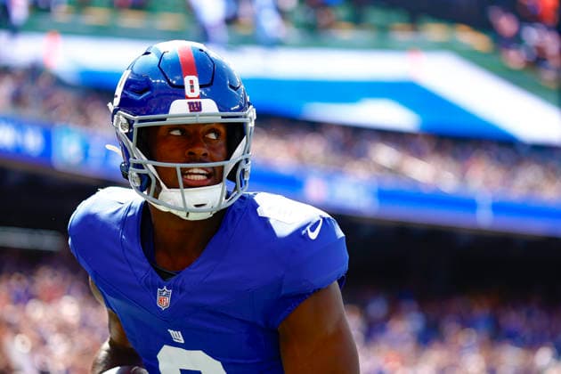 August 15, 2026: During the game, New York Giants wide receiver Malachi Fields (0) celebrates after scoring a touchdown in a NFL, American Football Herren, USA preseason game at MetLife Stadium in East Rutherford, NJ. The Minnesota Vikings defeat the New York Giants 13-10. Cal Media East Rutherford USA - ZUMAc04_ 20260815_faf_c04_046 Copyright: xShaquanxWoodyx