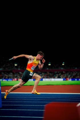 European Athletics Championships; Birmingham, 15.08.2026 Kevin Kranz of Germany sprints while carrying the relay baton during the European Athletics Championships at Alexander Stadium in Birmingham on August 10, 2026. *** European Athletics Championships, Birmingham, August 15, 2026: Kevin Kranz of Germany sprints while carrying the relay baton during the European Athletics Championships at Alexander Stadium in Birmingham on August 10, 2026 Copyright: xBEAUTIFULxSPORTS Flatemerschx