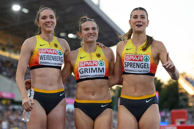 BIRMINGHAM, GREAT BRITAIN - August 15: Vanessa Grimm (Germany), Sandrina Sprengel (Germany), Sophie Weissenberg (Germany) after the heptathlon 1500 metres run during the European Athletics Championships 2026 at Alexander Stadium in Birmingham, Great Britain (Photo by Sven Beyrich Sports Press Photo)  Copyright: xSvenxBeyrich SportsxPressxPhotox Sportspressphoto_SPR207925