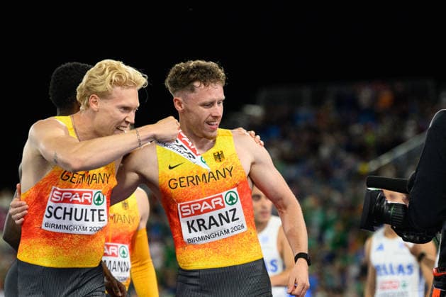 BIRMINGHAM, GREAT BRITAIN - August 15: Marvin Schulte (Germany) (Germany) and Kevin Kranz (Germany) after the 4x400 metres relay final during the European Athletics Championships 2026 at Alexander Stadium in Birmingham, Great Britain (Photo by Sven Beyrich Sports Press Photo)  Copyright: xSvenxBeyrich SportsxPressxPhotox Sportspressphoto_SPR207932