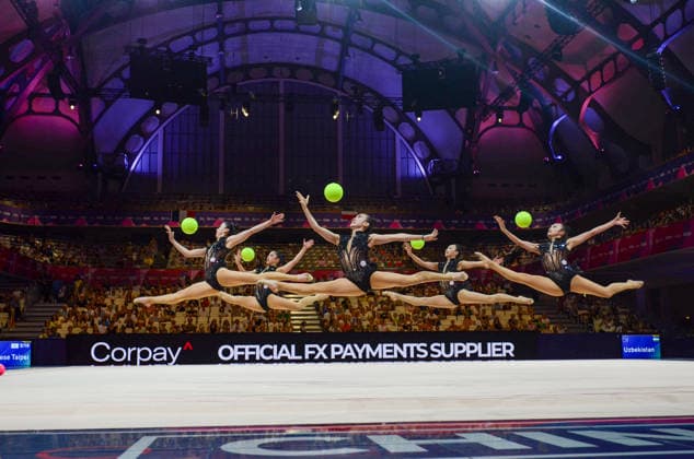 August 15, 2026, Frankfurt, Hesse, Germany: Chinese Taipei s team, comprised of CHANG CHI-YUN, LEE YU-WEN, LI TZU-WEN, LU YUAN-LO, and SUN KENG HSIN, competes in the 42nd Rhythmic gymnastics, Rhythmische Sportgymnastik, RSG World Championships group all-around finals in the Festhalle in Frankfurt, Hesse, Germany on Saturday, August 15, 2026. 2026 Rhythmic Gymnastics World Championships Team Finals  - ZUMAd168 20260815_zsp_d168_029 Copyright: xKaixDambachx