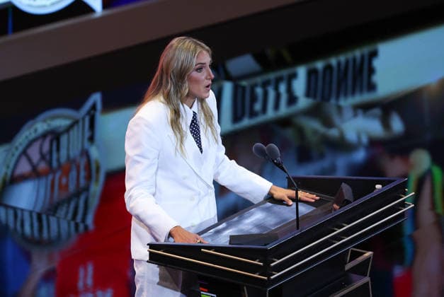 SPRINGFIELD, MA - AUGUST 15: Inductee Elana Delle Donne speaks during the 2026 Naismith Basketball Hall of Fame Enshrinement Ceremony on August 15, 2026, at Symphony Hall in Springfield, MA. (Photo by M. Anthony Nesmith Icon Sportswire) BASKETBALL: AUG 15 Basketball Hall of Fame Enshrinement Ceremony EDITORIAL USE ONLY Icon26081520