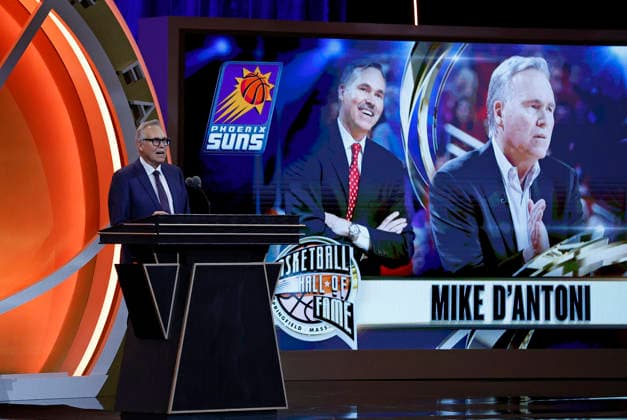 SPRINGFIELD, MA - AUGUST 15: Inductee Mike D Antoni speaks during the 2026 Naismith Basketball Hall of Fame Enshrinement Ceremony on August 15, 2026, at Symphony Hall in Springfield, MA. (Photo by M. Anthony Nesmith Icon Sportswire) BASKETBALL: AUG 15 Basketball Hall of Fame Enshrinement Ceremony EDITORIAL USE ONLY Icon26081508
