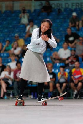 World Freestyle Skateboarding Championships - Amateurs Women Qualifiers 2026. Germany - Kassel, 15.08.2026 Hitomi Komatsu from Japan competes with her unique style on two boards in the Amateur Womens+ Qualifiers at the World Freestyle Skateboarding Championships 2026 in Kassel, Germany. According to the citys official website compete Riders from more than 30 nations at the international freestyle skateboarding event, combining technical tricks and creativity in the qualification rounds. Hesse