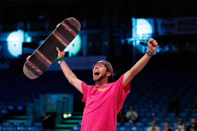 World Freestyle Skateboarding Championships - Men Pro Qualifiers 2026. Germany - Kassel, 15.08.2026 Timbo Vens from Germany celebrates his completed trick during the competition in the Men professional Qualifiers at the World Freestyle Skateboarding Championships 2026 in Kassel, Germany. According to the citys official website compete Riders from more than 30 nations at the international freestyle skateboarding event, combining technical tricks, creativity and individual style in the qualification rounds. Hesse