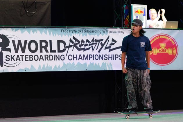 World Freestyle Skateboarding Championships - Men Pro Qualifiers 2026. Germany - Kassel, 15.08.2026 Ikkei Nagao from Japan celebrates his completed trick during the competition in the Men professional Qualifiers at the World Freestyle Skateboarding Championships 2026 in Kassel, Germany. According to the citys official website compete Riders from more than 30 nations at the international freestyle skateboarding event, combining technical tricks, creativity and individual style in the qualification rounds. Hesse