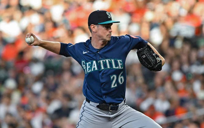 August 15, 2026: Seattle Mariners pitcher Emerson Hancock delivers a pitch during the third inning of a MLB, Baseball Herren, USA game against the Houston Astros at Daikin Park in Houston, TX. Austin McAfee CSM Houston USA - ZUMAc04_ 20260815_zma_c04_130 Copyright: xAustinxMcafeex