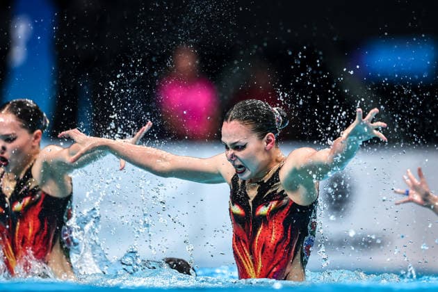 (260816) -- BUDAPEST, Aug. 16, 2026 -- Members of Team Kazakhstan perform during the Team Acrobatic Final of the World Aquatics Junior Artistic Swimming Championships in Budapest, Hungary, on Aug. 15, 2026. (Photo by Xinhua) (SP)HUNGARY-BUDAPEST-ARTISTIC SWIMMING-WORLD JUNIOR CHAMPIONSHIPS-TEAM ACROBATIC DavidxBalogh 