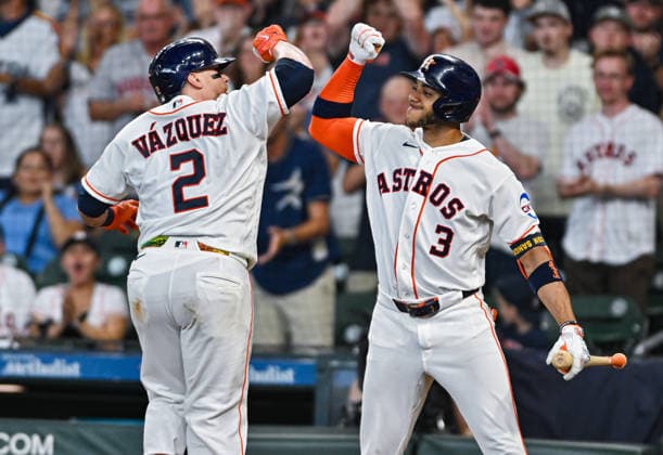 August 15, 2026: Houston Astros catcher Christian Vazquez celebrates with shortstop Jeremy Pena (3) after hitting a home run during the second inning of a MLB, Baseball Herren, USA game against the Seattle Mariners at Daikin Park in Houston, TX. Austin McAfee CSM Houston USA - ZUMAc04_ 20260815_zma_c04_133 Copyright: xAustinxMcafeex