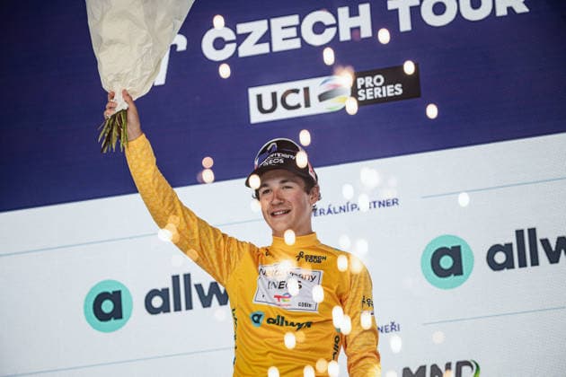 Czech Tour 2026, stage 3, Road cycling, Rad, Radsport, Strasse Andrew August (Netcompany INEOS) on podium in yellow leaders jersey, on August 15, 2026, Dlouhe strane, Czechia. (CTKxPhoto JanxBrychta) CTKPhotoF202608150016501  CTKPhotoF202608150016501