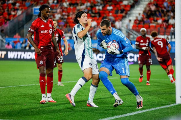 Toronto FC v New England Revolution Luka Gavran 1 of Toronto FC (R) protects the ball from Marcos Zambrano 17 of New England Revolution (C) during a Major League Soccer game between Toronto FC and New England Revolution at BMO Field in Toronto, Ontario, Canada, on August 15, 2026. Toronto Ontario Canada  Copyright: xIndrawanxKumalax originalFilename:kumala-majorlea260815_npUyY.jpg