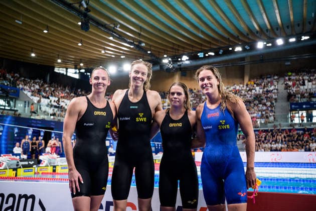 260816 Sara Junevik, Louise Hansson, Olivia Klint Ipsa and Sofia Astedt of Sweden after competing in women™s 4x100 meters freestyle swimming relay heats during day 17 of the 2026 European Aquatics Championships on August 16, 2026 in Saint-Denis. Photo: Joel Marklund BILDBYRAN kod JM JM0845 bbeng simning swimming svomming 2026 european aquatics championships em dam lagkapp stafett Sverige Sweden *** August 16, 2026: Sara Junevik, Louise Hansson, Olivia Klint Ipsa, and Sofia Astedt of Sweden after competing in the women’s 4x100-meter freestyle swimming relay heats on Day 17 of the 2026 European Aquatics Championships on August 16, 2026 in Saint Denis. Photo by Joel Marklund. BILDBYRAN code JM JM0845 bbeng swimming 2026 European Aquatics Championships EM women’s team relay Sweden  Copyright: JOELxMARKLUND BB260816JM011