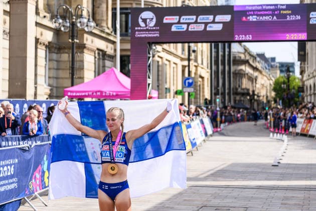 260816 Alisa Vainio of Finland celebrates after women™s marathon during day 7 of the 2026 European Athletics Championships on August 16, 2026 in Birmingham. Photo: Mathias Bergeld BILDBYRAN kod MB MT1072 friidrott athletics friidrett friidrotts-em em friidretts-em 2026 european athletics championships 7 bbeng maraton marathon jubel *** August 16, 2026: Alisa Vainio of Finland celebrates after the women’s marathon on Day 7 of the 2026 European Athletics Championships on August 16, 2026 in Birmingham. Photo by Mathias Bergeld, BILDBYRAN, code MB MT1072. track and field, athletics, friidrett, friidrotts EM, 2026 European Athletics Championships, Day 7, marathon, celebration  Copyright: MATHIASxBERGELD BB260816MB055