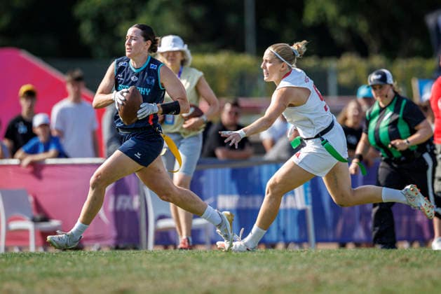 Placement Game for 1st - 8th Place Bracket Austria (AUT) vs. Germany (GER), Day 4 Women at IFAF Flag Football Championships Düsseldorf 2026, 16.08.2026 Duesseldorf, Germany - Aug. 16, 2026: Ellen Marie Riess (GER 21) during the Placement Game for 1st - 8th Place Bracket Match between Austria (AUT) vs. Germany (GER) on fourth day of the Women IFAF Flag Football World Championships at the Bezirkssportanlage Duesseldorf Garath *** Placement Game for 1st–8th Place Bracket: Austria (AUT) vs. Germany (GER), Day 4, Women’s Division at the IFAF Flag Football World Championships in Düsseldorf 2026, August 16, 2026, Düsseldorf, Germany, Aug. 16, 2026 Ellen Marie Riess (GER 21) during the placement game for 1st–8th place in the bracket between Austria (AUT) and Germany (GER) on the fourth day of the Women’s IFAF Flag Football World Championships at the Bezirkssportanlage Düsseldorf-Garath Copyright: xBEAUTIFULxSPORTS B.Hoffmannx