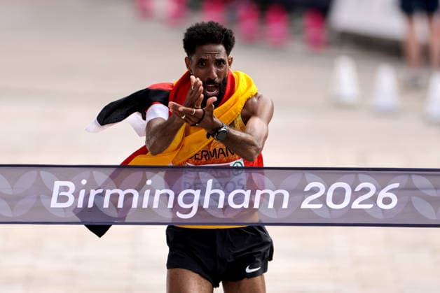 2026 European Athletics Championships, Alexander Stadium, Birmingham, England 16 8 2026 Men s Marathon Germany s Amanal Petros crosses the finish line to win the race Amanal Petros crosses the finish line to win the race 16 8 2026  Copyright: xx 0S9A9072