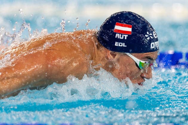 SWIMMING - EAC 2026 PARIS,FRANCE,16.AUG.26 - SWIMMING - European Aquatics Championships Paris 2026, 4x100m individual medley, men. Image shows Lukas Edl (AUT).  GEPAxpictures xPhilippxBrem