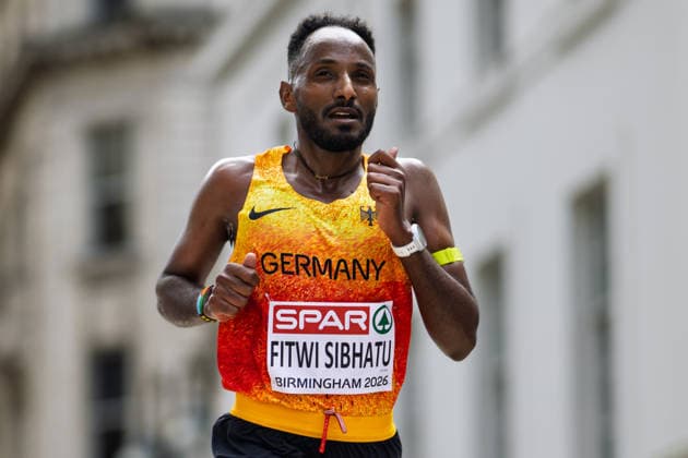 BIRMINGHAM, UNITED KINGDOM - AUGUST 16: Samuel Fitwi Sibhatu of Germany competes in the Men s Marathon during the European Athletics Championships in Birmingham on August 16, 2026 in Birmingham, United Kingdom. England United Kingdom Copyright: xBEAUTIFULxSPORTS TobiasxLacknerx