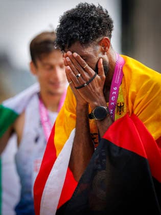 BIRMINGHAM, GREAT BRITAIN - AUGUST 16, 2026: Amanal PETROS (GER Germany) reacts after winning the marathon during the European Athletics Championships on August 16, 2026 in Birmingham, Great Britain. Great Britain Copyright: xAxelxKohringx