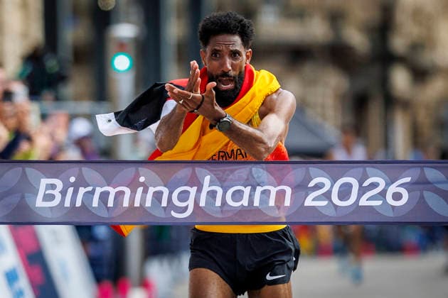 BIRMINGHAM, GREAT BRITAIN - AUGUST 16, 2026: Amanal PETROS (GER Germany) gestures crossing the finish line in the marathon during the European Athletics Championships on August 16, 2026 in Birmingham, Great Britain. Great Britain Copyright: xAxelxKohringx