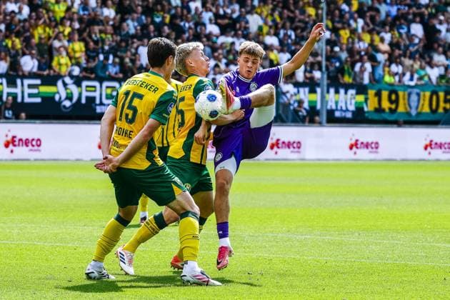 DEN HAAG , 16-08-2026 , WerkTalent Stadium , season 2026 2027 , Dutch Eredivisie football , match between ADO Den Haag and FC Groningen , picture shows ADO player Milan Hokke , ADO player Juho Kilo , Groningen player Wouter Prins ADO - Groningen  x205768511x Copyright: