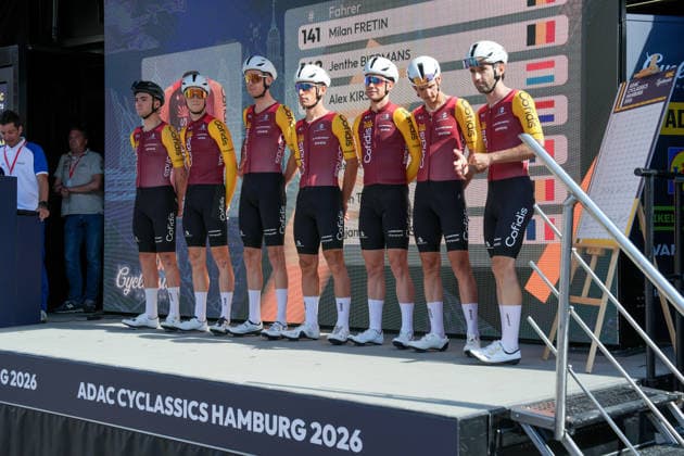 Deutschland: Hamburg - Buxtehude: ADAC Cyclassics 2026 (1.UWT), UCI Worldtour, Männer Elite, Eintages Radrennen: Teampraesentation in Buxtehude: Cofidis (PRT) *** Germany, Hamburg, Buxtehude, ADAC Cyclassics 2026, 1 UWT, UCI World Tour, Men s Elite, One-Day Cycling Race, Team Presentation in Buxtehude, Cofidis PRT Copyright: xStefanxTrochax