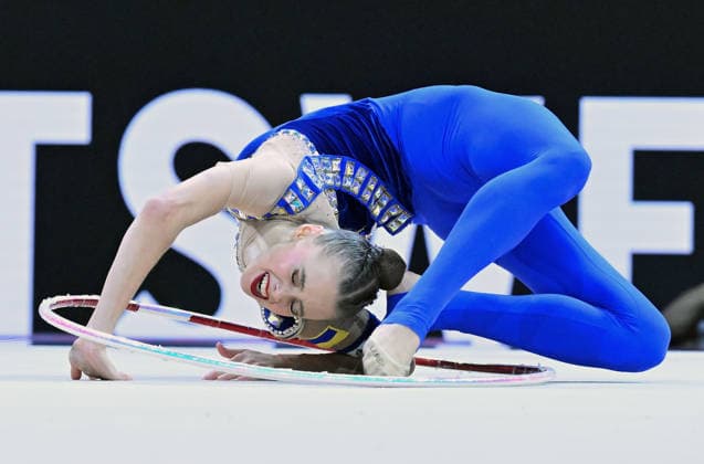 16.08.2026, xhbx, Rhythmische Sportgymnastik Weltmeisterschaft 2026, v.l. Taisilia Onofriichuk (Ukraine) Reifen Frankfurt am Main *** August 16, 2026, xhbx, 2026 Rhythmic Gymnastics World Championships, from left: Taisilia Onofriichuk (Ukraine), hoop, Frankfurt am Main