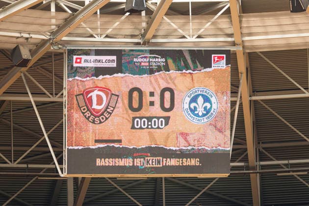 16.08.2026, xomx, Fussball 2.Bundesliga, Dynamo Dresden - SV Darmstadt 98 v.l. SGD vs. SCD Anzeigetafel. Symbolbild (DFL DFB REGULATIONS PROHIBIT ANY USE OF PHOTOGRAPHS as IMAGE SEQUENCES and or QUASI-VIDEO) Dresden *** August 16, 2026, xomx, Soccer 2. Bundesliga, Dynamo Dresden vs. SV Darmstadt 98, SGD vs. SCD, scoreboard, stock image. DFL and DFB regulations prohibit any use of photographs as image sequences and or quasi-video. Dresden