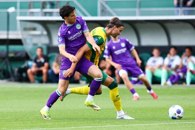 THE HAGUE, NETHERLANDS - AUGUST 16: Pelle Clement of FC Groningen, Pascal Mulder of ADO Den Haag during the Dutch Eredivisie match between ADO Den Haag and FC Groningen at Bingoal stadion on August 16, 2026 in The Hague, Netherlands.  Copyright: xMTB MBxMediax