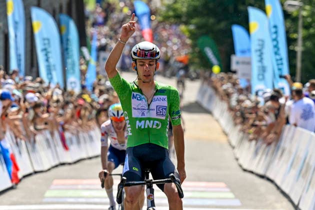 Czech Tour cycling race, Stage 4, in Prostredni Becva, Czech Republic, on August 16, 2026. Stage winner Alessandro Fancellu from the MBH Bank CSB ‹‹Telecom Fort team crosses the finish line. (CTKxPhoto DaliborxGluck) CTKPhotoP2026081603258  CTKPhotoP2026081603258