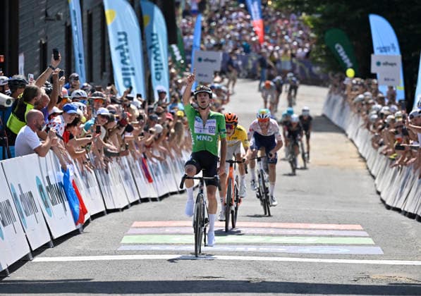 Czech Tour cycling race, Stage 4, in Prostredni Becva, Czech Republic, on August 16, 2026. Stage winner Alessandro Fancellu from the MBH Bank CSB ‹‹Telecom Fort team crosses the finish line. (CTKxPhoto DaliborxGluck) CTKPhotoP2026081603422  CTKPhotoP2026081603422