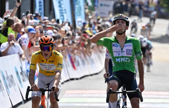 Czech Tour cycling race, Stage 4, in Prostredni Becva, Czech Republic, on August 16, 2026. From left, overall leader Andrew August from the Netcompany INEOS team and stage winner Alessandro Fancellu from the MBH Bank CSB ‹‹Telecom Fort team. (CTKxPhoto DaliborxGluck) CTKPhotoP2026081603423  CTKPhotoP2026081603423